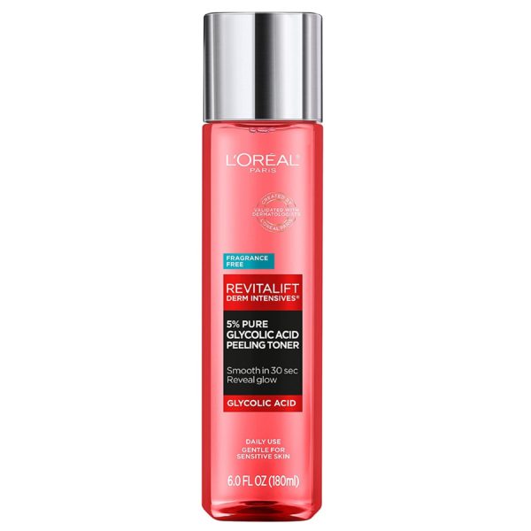 L'Oreal Paris Revitalift 5% Pure Glycolic Acid Peeling Toner from Derm Intensives with Aloe Vera, Smooth Skin & Reveal Glow, Daily Exfoliant for Brighter Skin, Fragrance and Alcohol Free, 6 Fl Oz