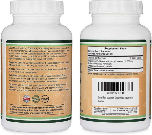 Double Wood Lions Mane Supplement Mushroom Capsules (Two Month Supply - 120 Count) for Brain Support and Immune Health - Image 3