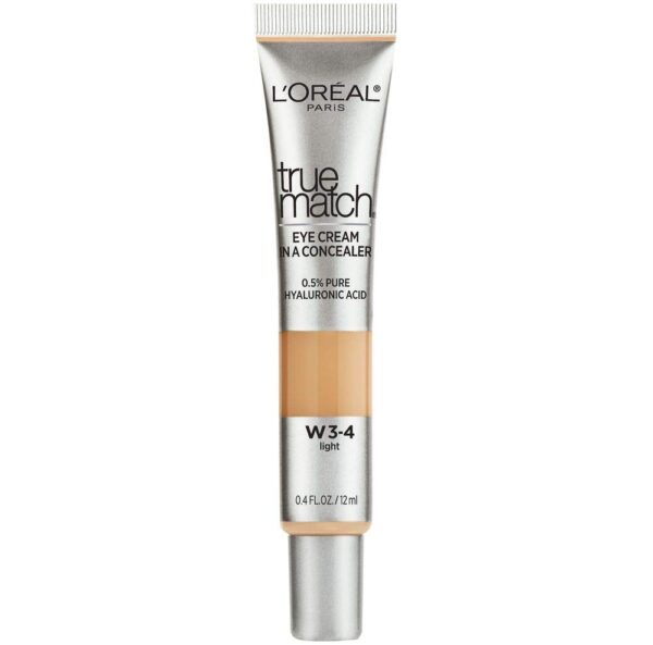 L’Oréal Paris True Match Eye Cream in a Concealer, 0.5% hyaluronic acid, Light W3-4, 0.4 fl. oz.