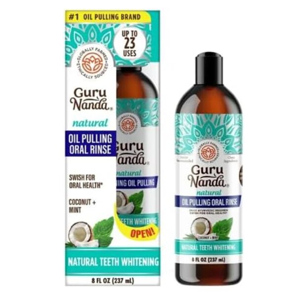 GuruNanda Oil Pulling with Coconut, Mint & Essential Oils & Vitamins D3, E, K2 - Natural Mouthwash - 8 oz
