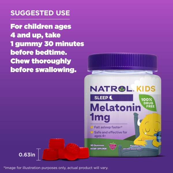 Natrol Kids Melatonin 1mg, Supplement for Restful Sleep, Sleep Gummies for Children, 90 Raspberry-Flavored Melatonin Gummies, 90 Day Supply - Image 6