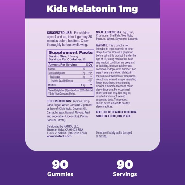 Natrol Kids Melatonin 1mg, Supplement for Restful Sleep, Sleep Gummies for Children, 90 Raspberry-Flavored Melatonin Gummies, 90 Day Supply - Image 5