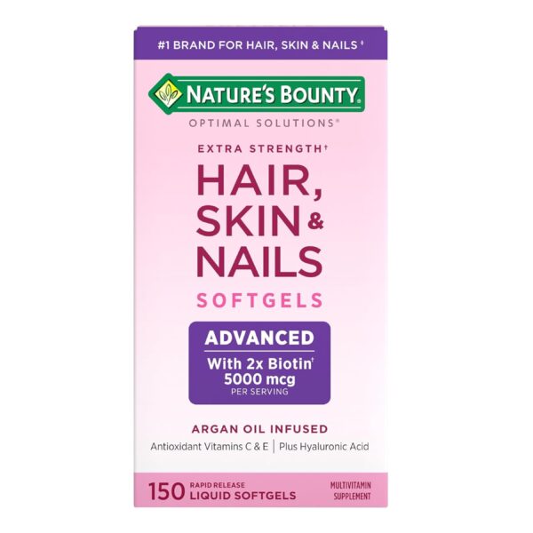 Nature's Bounty Advanced Hair, Skin & Nails, Argan-Infused Vitamin Supplement with Biotin and Hyaluronic Acid, 150 Rapid Release Softgels