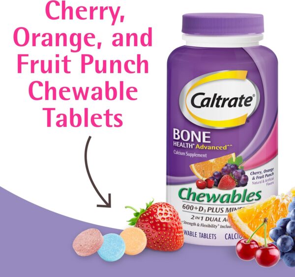 Caltrate Chewables 600 Plus D3 Plus Minerals Calcium Vitamin D Supplement, Cherry, Orange and Fruit Punch - 60 Count - Image 3