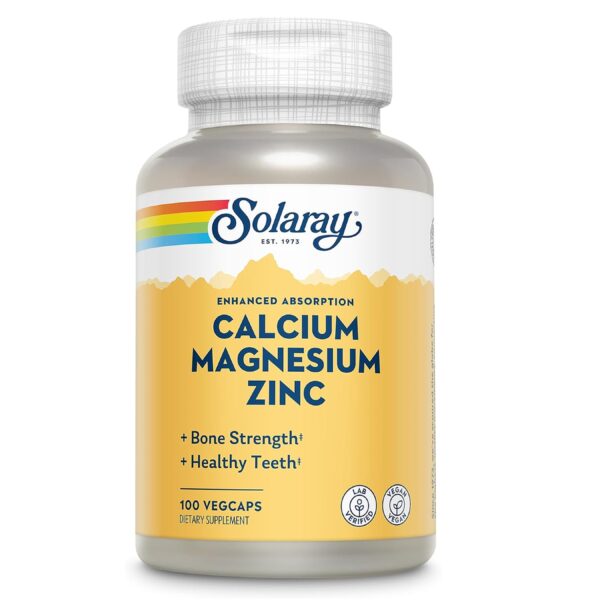 SOLARAY Calcium Magnesium Zinc Supplement - with Calcium 1000mg, Magnesium 500mg - Bone Health, Muscle Function, Heart Health and Immune Support - Vegan, 60 Day Guarantee, 25 Servings, 100 VegCaps