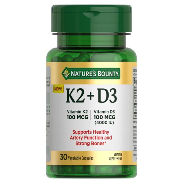 Nature's Bounty Vitamin D3 K2 Supplement, 4000 IU Vitamin D3 Plus 100 mcg , 30 Vegetarian Capsules