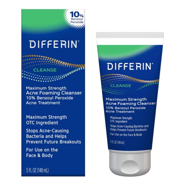 Differin Acne Face Wash with 10% Benzoyl Peroxide, Maximum Strength OTC Acne Foaming Cleanser, Fast Acting Acne Treatment for Face and Body, 5 oz