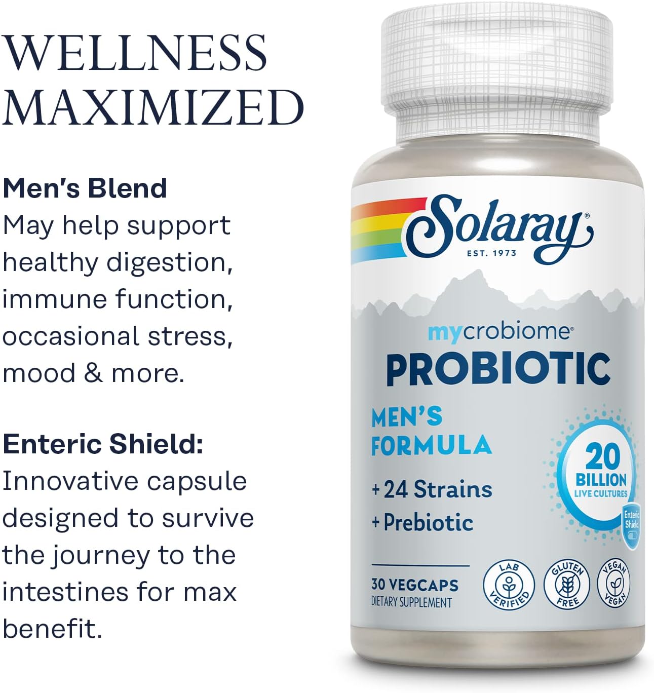 SOLARAY Mycrobiome Probiotic Men’s Formula, Probiotics for Men, Gut Health, Digestion, Immune Function & More, 20 Billion CFU Mens Probiotic, 24 Strains Plus Prebiotic, 30 VegCaps - Image 3
