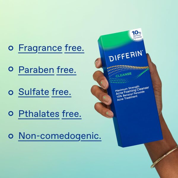 Differin Acne Face Wash with 10% Benzoyl Peroxide, Maximum Strength OTC Acne Foaming Cleanser, Fast Acting Acne Treatment for Face and Body, 5 oz - Image 4