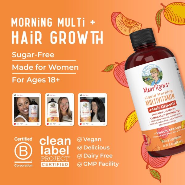 MaryRuth Organics Liquid Multivitamin Lustriva® Hair Growth for Women| Biotin 10000mcg | Vitamin D, B |Clinically Tested for Thicker Hair, Wrinkles, Fine Lines, Skin Care| Ages 18 | 15.22 Fl Oz - Image 7