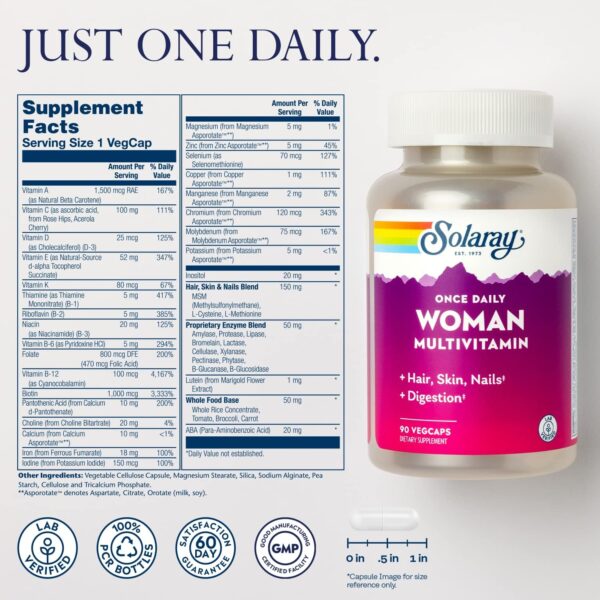 Solaray Once Daily Woman Multivitamin with Iron, Womens Multivitamin with Hair, Skin & Nails Blend, Enzyme Blend & Whole Food Base, Healthy Energy, Immune & Digestion Support, 90 Servings, 90 VegCaps - Image 3