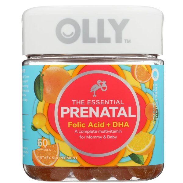 Olly The Essential Prenatal Gummy Multivitamin, 30 Day Supply ( Gummies), Sweet, Folic Acid, Vitamin D, Omega 3 DHA, Chewable Supplement, White Citrus, 60 Count