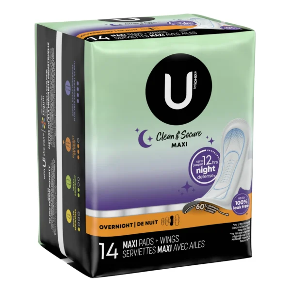 U by Kotex Security Maxi Pad with Wings, Overnight, Unscented, 14 Count