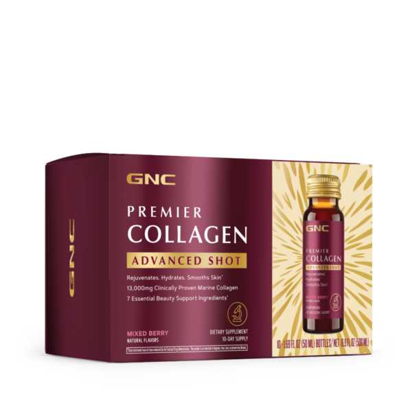 GNC Premier Collagen Advanced Shot, Premium Formula of Liquid Hydrolyzed Marine Collagen Peptides with Berry Flavor, 10 x 50 ml