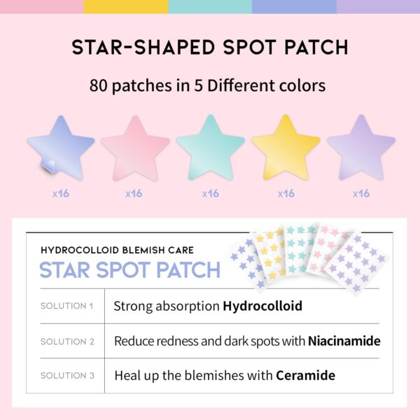 OOTD Star Spot Acne/Pimple Patch For Face, Hydrocolloid, Niacinamide, Ceramide, Cute Pastel Colors,80 count - Image 4