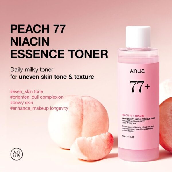 Anua Peach 77 Niacin Essence Toner 250ml / Brightening Toner for Face, Niacinamide, Panthenol, Ceramides, Facial Toner for Glass Skin, Korean Skin Care (8.45 fl.oz.) - Image 4