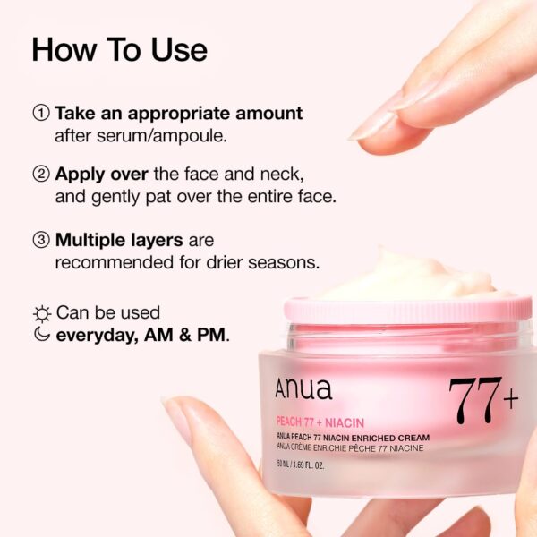 Anua Peach Niacinamide Cream, Face Moisturizer for Dry Skin with Vitamin B12, Collagen, Ceramide, Panthenol, Korean Skin Care for Glass Skin (50ml, 1.69 fl.oz.) (Packaging May Vary) - Image 7