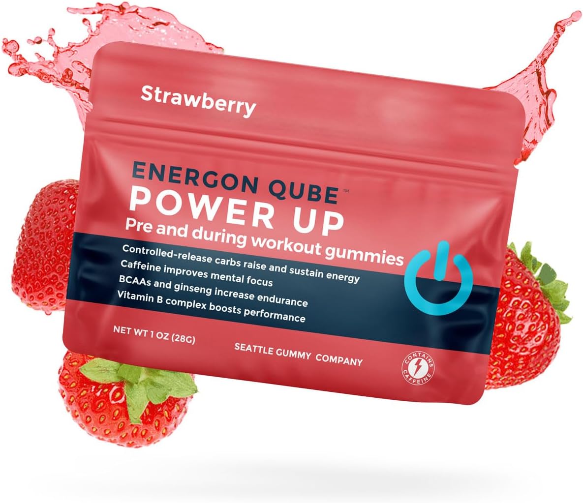 Seattle Gummy Company Power Up Pre-Workout Gummies – Endurance Gummies for Sustained Energy, Focus, and Recovery | BCAAs, Ginseng, Caffeine | Preworkout Gummies for Performance | Strawberry 4-Pack