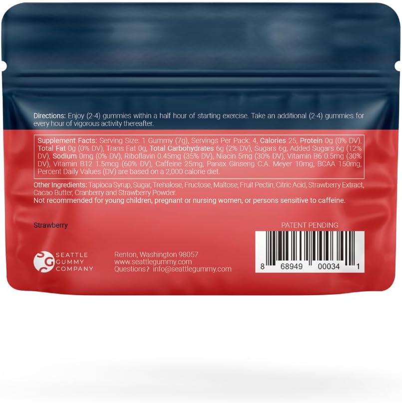 Seattle Gummy Company Power Up Pre-Workout Gummies – Endurance Gummies for Sustained Energy, Focus, and Recovery | BCAAs, Ginseng, Caffeine | Preworkout Gummies for Performance | Strawberry 4-Pack - Image 4
