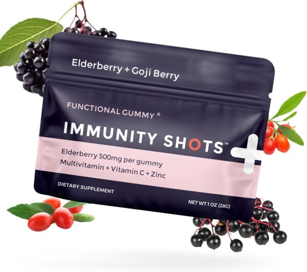 Seattle Gummy Company Immunity Shots - Elderberry and Goji Berry 500mg Multivitamin Gummies, Immune System Support Supplement, Vegan, Gluten Free, Plant-Based, 4-Pack
