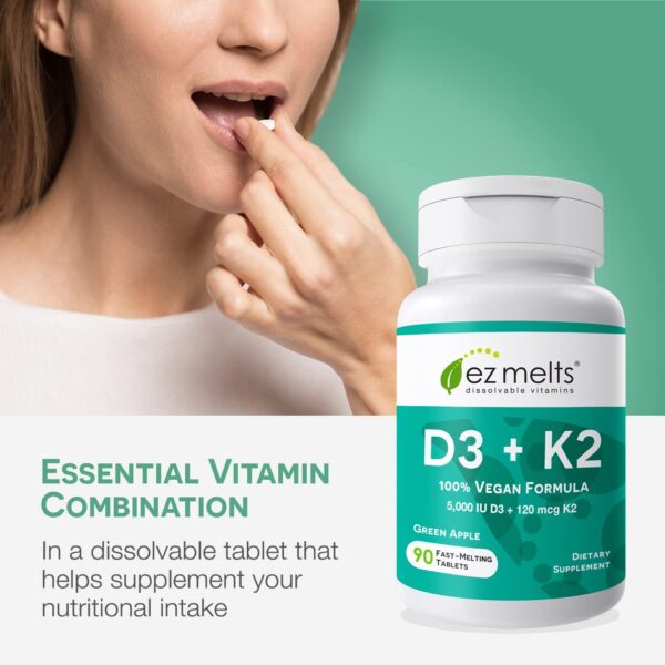 EZ Melts Dissolvable Vitamin D3 K2 5,000 IU, Bone & Joint Support, Sugar-Free, 3-Month Supply - Image 9