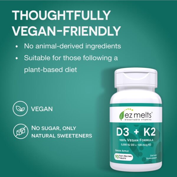 EZ Melts Dissolvable Vitamin D3 K2 5,000 IU, Bone & Joint Support, Sugar-Free, 3-Month Supply - Image 2