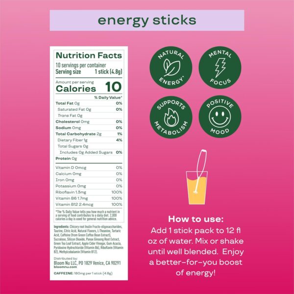 Bloom Nutrition Energy Drink Powder Packets, Sugar Free Energy Drink Mix with L-Theanine, B Vitamins & Natural Caffeine, On the Go Powder Sticks for Natural Energy, 10 Calories ,  Strawberry Watermelon - Image 3