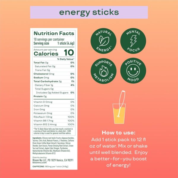 Bloom Nutrition Energy Drink Powder Packets, Sugar Free Energy Drink Mix with L-Theanine, B Vitamins & Natural Caffeine, On the Go Powder Sticks for Natural Energy, 10 Calories , (10 Sticks) - Image 5