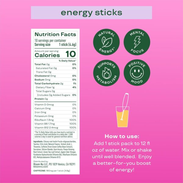 Bloom Nutrition Energy Drink Powder Packets, Sugar Free Energy Drink Mix with L-Theanine, B Vitamins & Natural Caffeine, On the Go Powder Sticks for Natural Energy, 10 Calories (10 Pouches) - Image 5