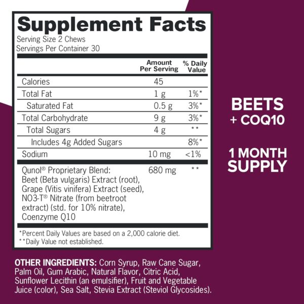 Qunol Beets Chews for Blood Pressure Support, 3 in 1 Beets + CoQ10 + Grape Seed Extract, Supports Healthy Blood Circulation & Heart Healthy Energy, 60 Chews - Image 7