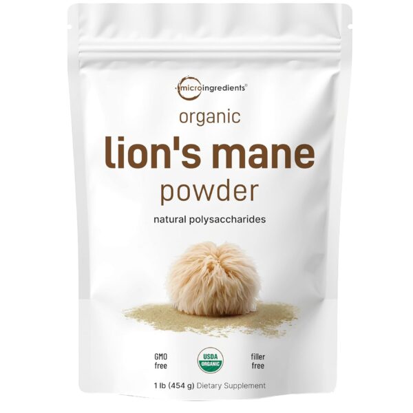 Micro Ingredients Organic Lions Mane Mushroom Supplement Powder, 16 Ounce | Natural Superfood for Brain, Energy, & Immune Health | Non-GMO Vegan 1lb (302 SERVINGS)