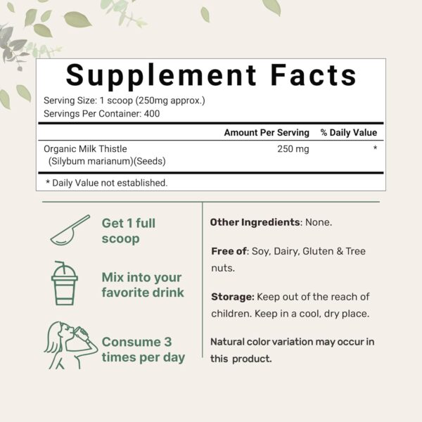 Micro Ingredients Organic Milk Thistle Powder, 3.5 oz (400 Servings) | Herbal Liver Support Milk Thistle Supplement | Liver Detox & Antioxidant Support | Contains Active Silymarin | Non-GMO, Vegan Friendly - Image 5