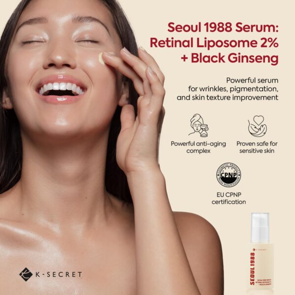 KSECRET SEOUL 1988 Retinal Serum: Retinol Serum for Face Anti Aging Wrinkle Care - 2% Retinal Liposome Black Ginseng Niacinamide Bakuchiol Vitamin C & 3 Peptides - Korean Skincare Fragrance Free 30mL - Image 3