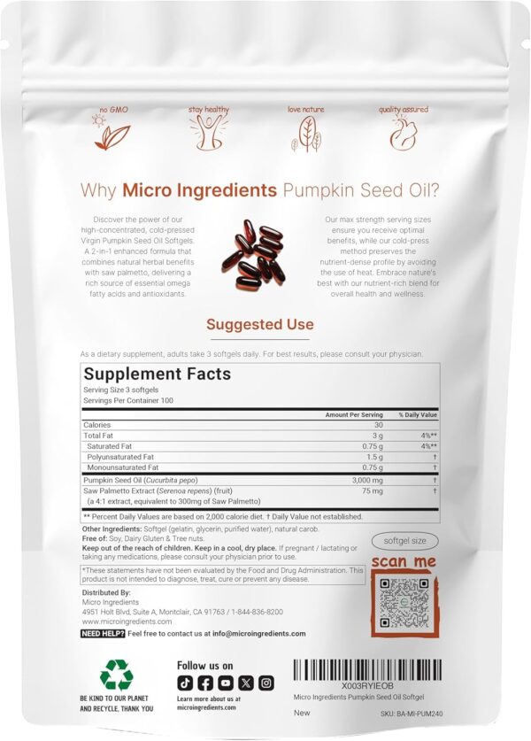Micro Ingredients Pumpkin Seed Oil with Saw Palmetto, 3000mg Per Serving, 300 Softgels | Cold Pressed, Pure Virgin Oil, Essential Fatty Acids & Phytosterols | Supports Hair, Urinary, Bladder & Prostate Health | Non-GMO - Image 3