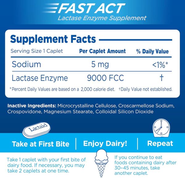 Lactaid Fast Act Lactose Intolerance Relief Caplets with Lactase Enzyme to Prevent Gas, Bloating & Diarrhea Due to Lactose Sensitivity, Ideal for Travel & On-The-Go, 32 Packs of 1-Count - Image 5
