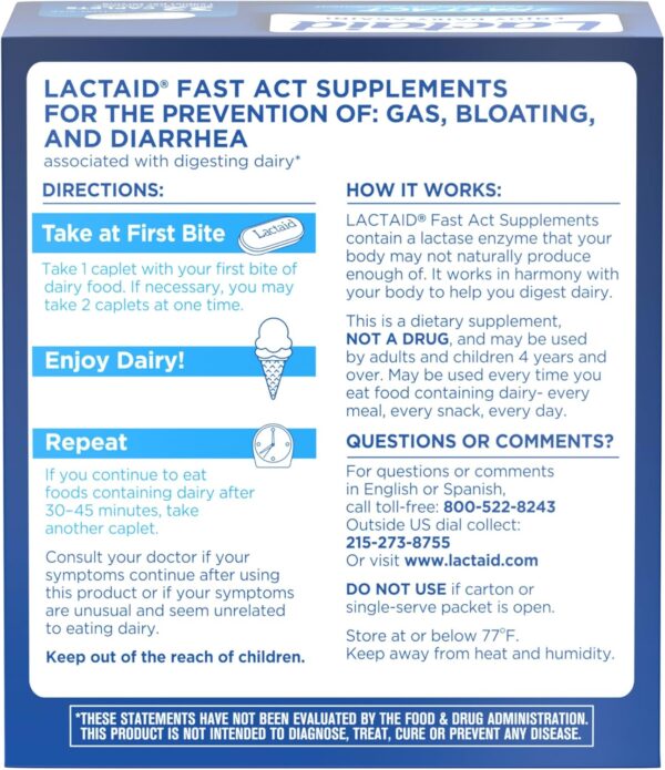 Lactaid Fast Act Lactose Intolerance Relief Caplets with Lactase Enzyme to Prevent Gas, Bloating & Diarrhea Due to Lactose Sensitivity, Ideal for Travel & On-The-Go, 32 Packs of 1-Count - Image 6