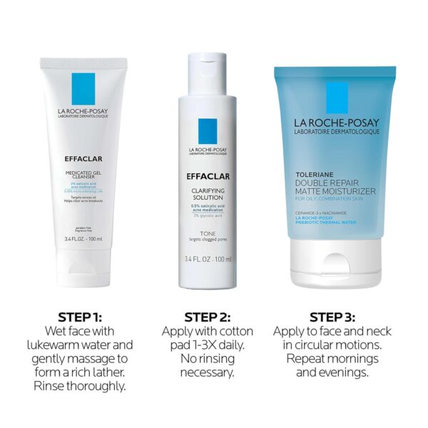 La Roche Posay Effaclar Daily Acne Essentials Kit, Acne Treatment System, Salicylic Acid Acne Cleanser, Pore Refining Toner, & Matte Face Moisturizer for Oily Skin & Combination Skin, Oil-Free, 2 Month Supply - Image 9