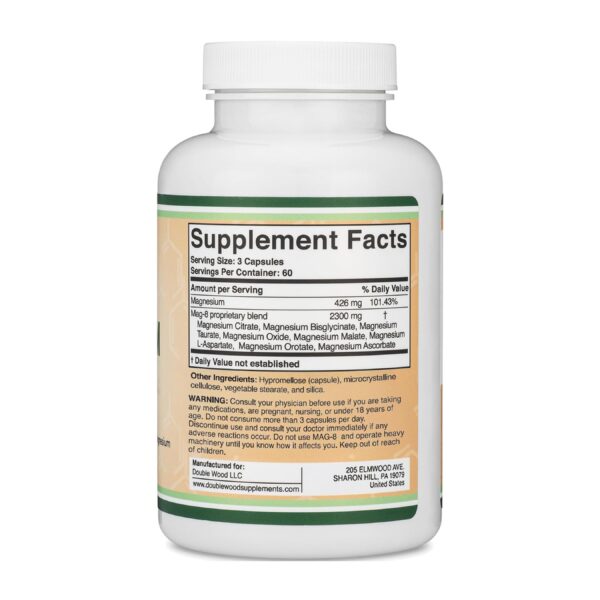 Double Wood Magnesium Complex Supplement 180 Capsules (426mg Elemental Magnesium Provided by 2,300mg of Eight Different Forms of Magnesium) MAG-8 (Packaging may Vary) - Image 3
