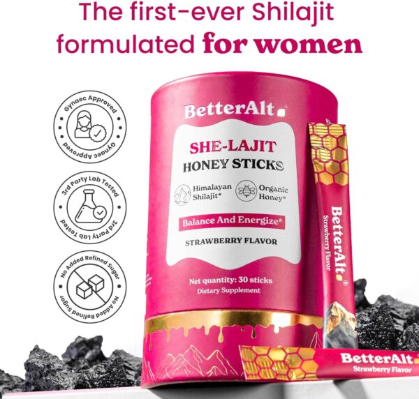 BetterAlt SHE-Lajit Strawberry Honeysticks|Shilajit for Women with Shatavari & Saffron for hormonal Balance & Energy Boost|Tasty Shilajit Honeysticks with Goodness of Pure Himalayan Shilajit|30 Sticks - Image 3