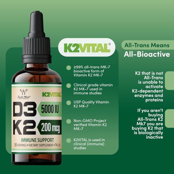 Double Wood Vitamin D3 K2 5,000 IU Liquid Drops (5,000 IU of D3 and 200mcg of 99.9% All-Trans Patented K2 MK-7 (K2Vital)) - 30 Servings - Image 7
