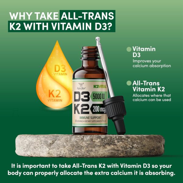 Double Wood Vitamin D3 K2 5,000 IU Liquid Drops (5,000 IU of D3 and 200mcg of 99.9% All-Trans Patented K2 MK-7 (K2Vital)) - 30 Servings - Image 8