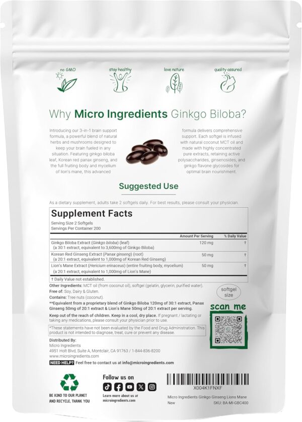 Micro Ingredients ﻿﻿Ginkgo Biloba & Ginseng 5,600mg Equivalent, 400 Softgels | 6 Month Supply | Triple Strength Ginko Biloba & Lions Mane Memory Supplement for Brain, Mood & Cognitive Health - Image 3