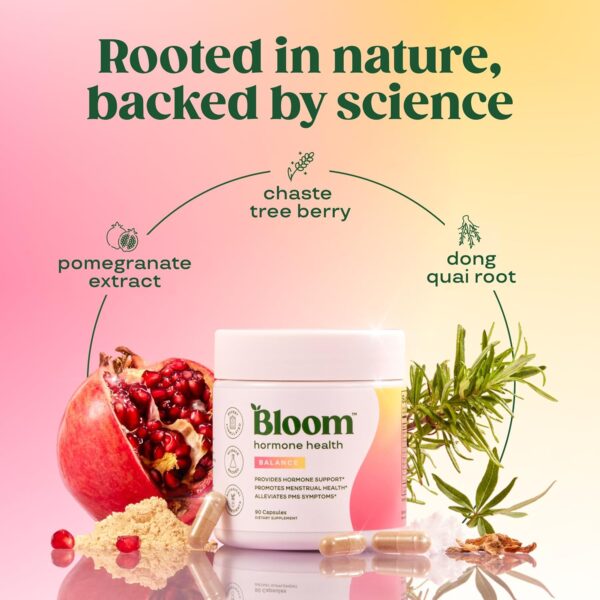 Bloom Nutrition Hormone Health & Cortisol Support for Women - Balance - Menstrual Health, PMS Symptoms, Pomegranate Extract, Chaste Tree Berry & Dong Quai Root, 30 Servings - Image 4