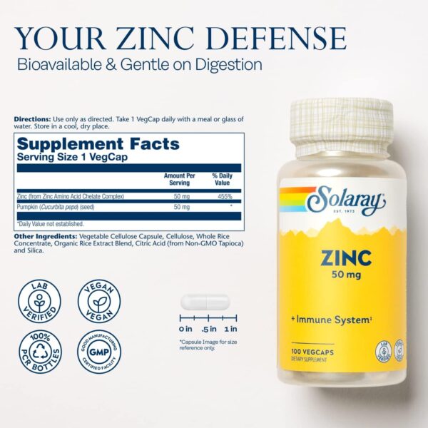Solaray Zinc 50mg Immune Support Capsules, 100 Count, Vegan, Pumpkin Seed - Image 4