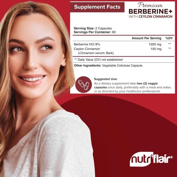 NutriFlair Premium Berberine HCL 1200mg, 120 Capsules - Plus Pure True Ceylon Cinnamon, Berberine HCI Root Supplements Pills - Immune System - yields an Optimal 8% HCl - Image 3