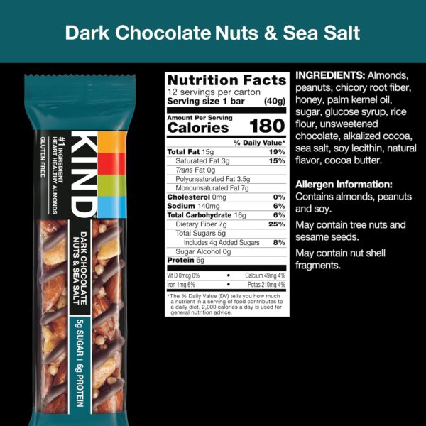 KIND Nut Bars, Dark Chocolate Nuts and Sea Salt, Healthy Snacks, Gluten Free, Low Sugar, 6g Protein - ONE BAR - Image 5
