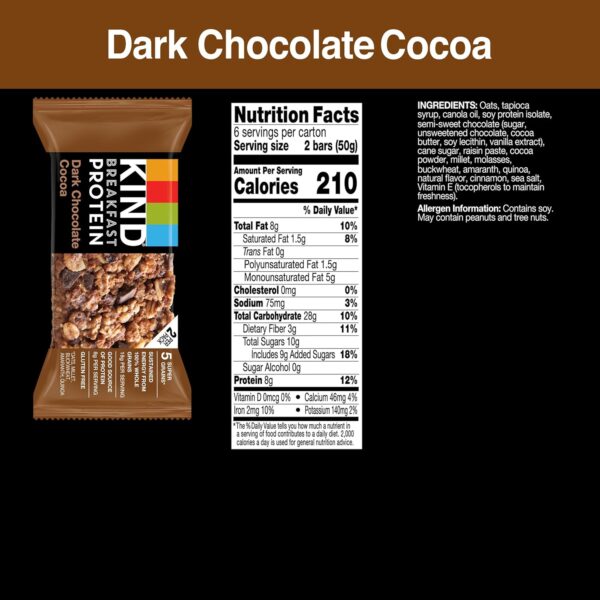 KIND Breakfast Protein Bars, Dark Chocolate Cocoa, Healthy Snacks, Gluten Free, 8g Protein, 6 Count  - Online Only - Image 3