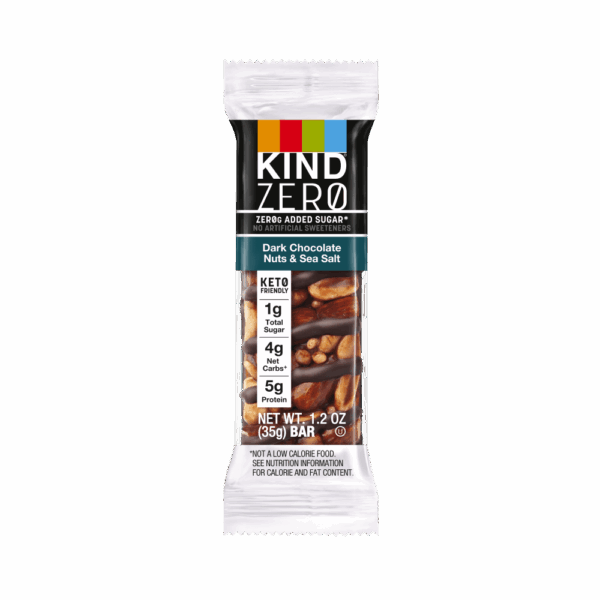 KIND ZERO Added Sugar Bars, Keto Snack, Dark Chocolate Nuts and Sea Salt, Good Source of Fiber, Gluten Free, Low Sugar, 6g Protein- One Bar