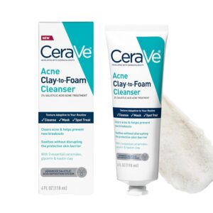 CeraVe Clay To Foam Acne Face Wash, Multi-Use Salicylic Acid & Kaolin Clay Acne Spot Treatment Clears Pimples & Blackheads, Prevents Breakouts, Hydrates & Soothes,4oz