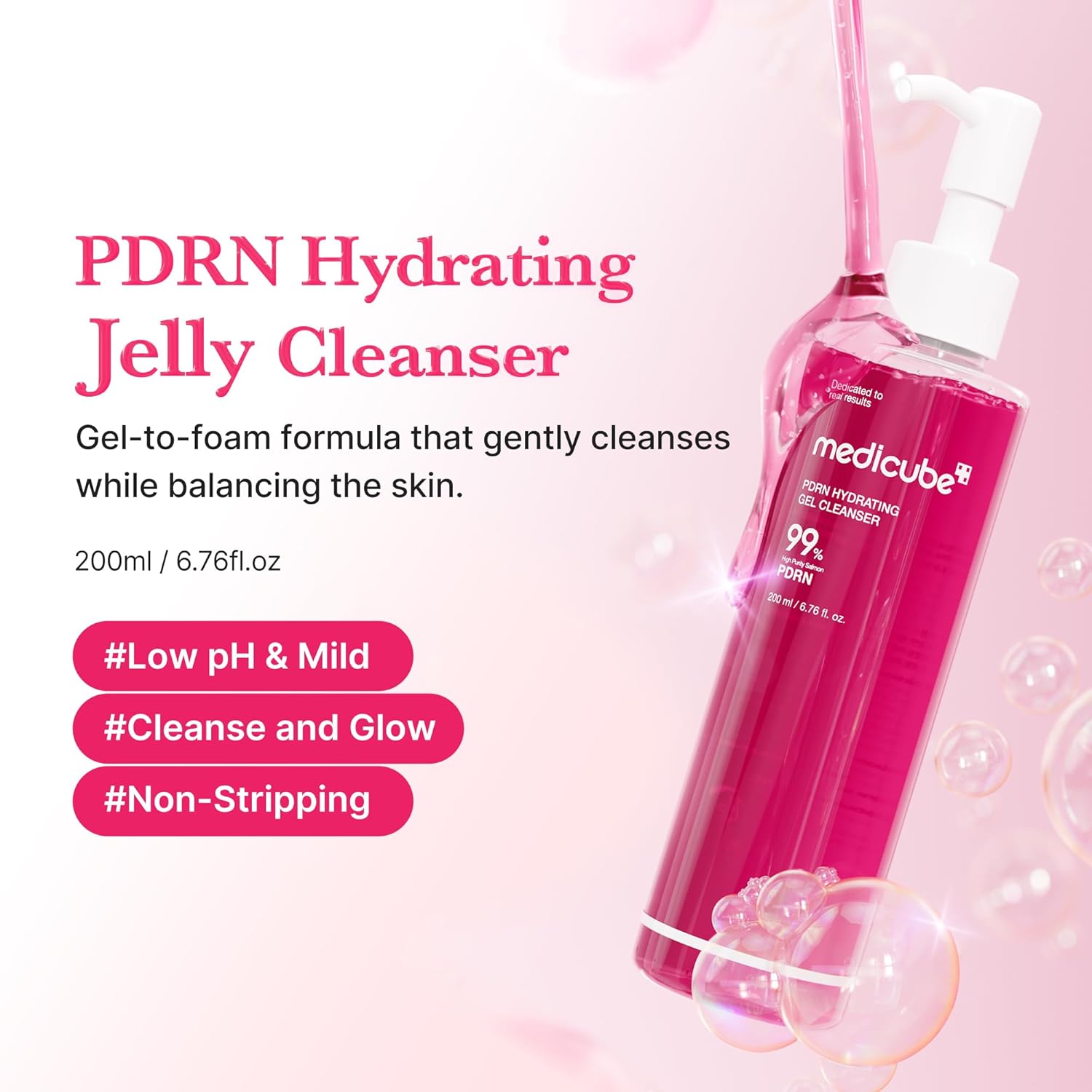 medicube PDRN Jelly to Foam Cleanser | Low pH Hydrating Daily Face Wash for All Skin Types | With PDRN, Collagen & LHA | Gentle Pore Care & Radiant, 200ml - Image 3